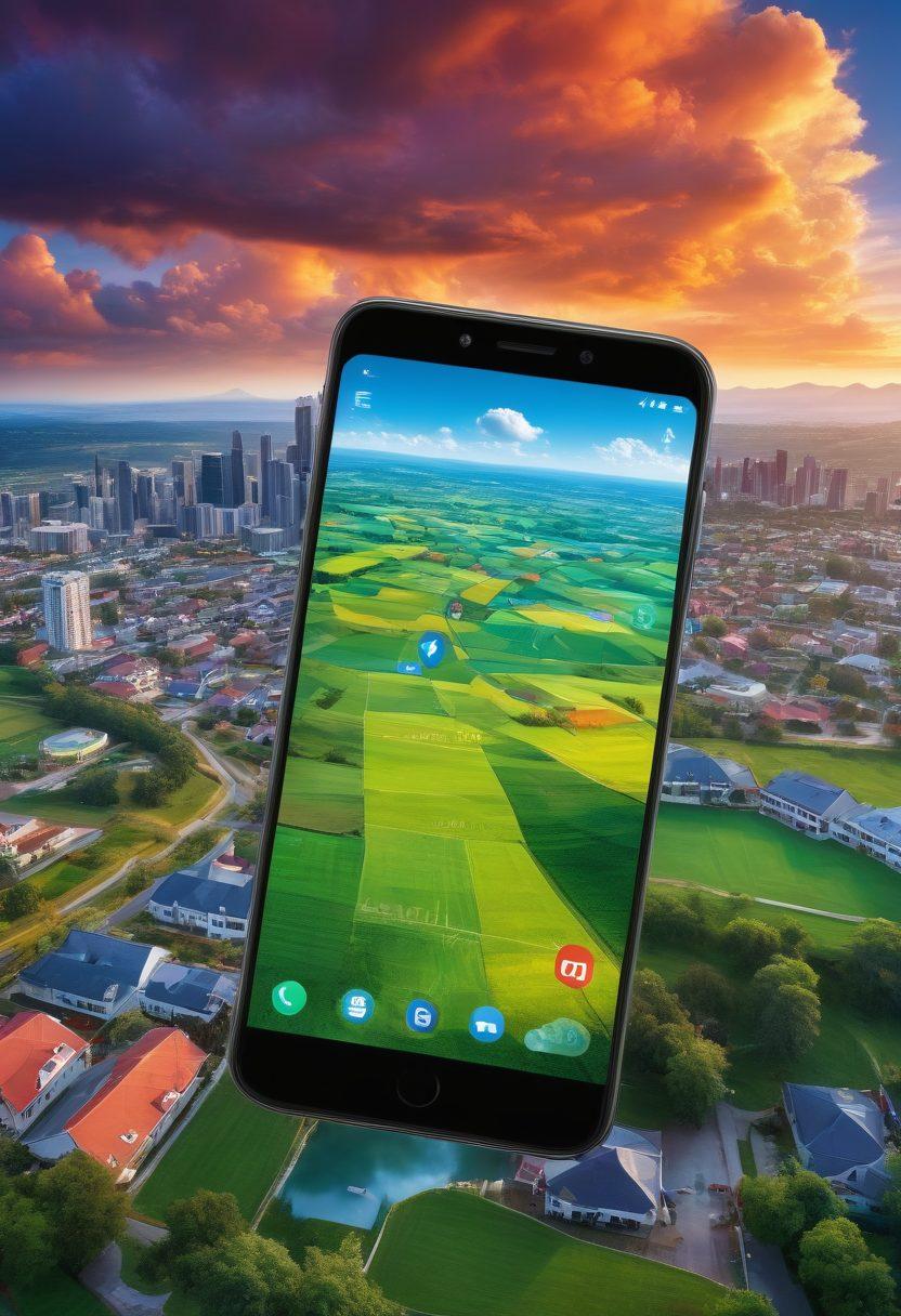 A vivid landscape showing a smartphone displaying a map with different coverage zones highlighted in various colors, intertwined with symbols representing connectivity features like Wi-Fi, 4G, and 5G signals. In the background, scenic views of urban and rural settings, symbolizing Tracfone's reach. The sky shown bustling with vibrant clouds depicting digital features like text messages and social media icons. super-realistic. vibrant colors. scenic background.