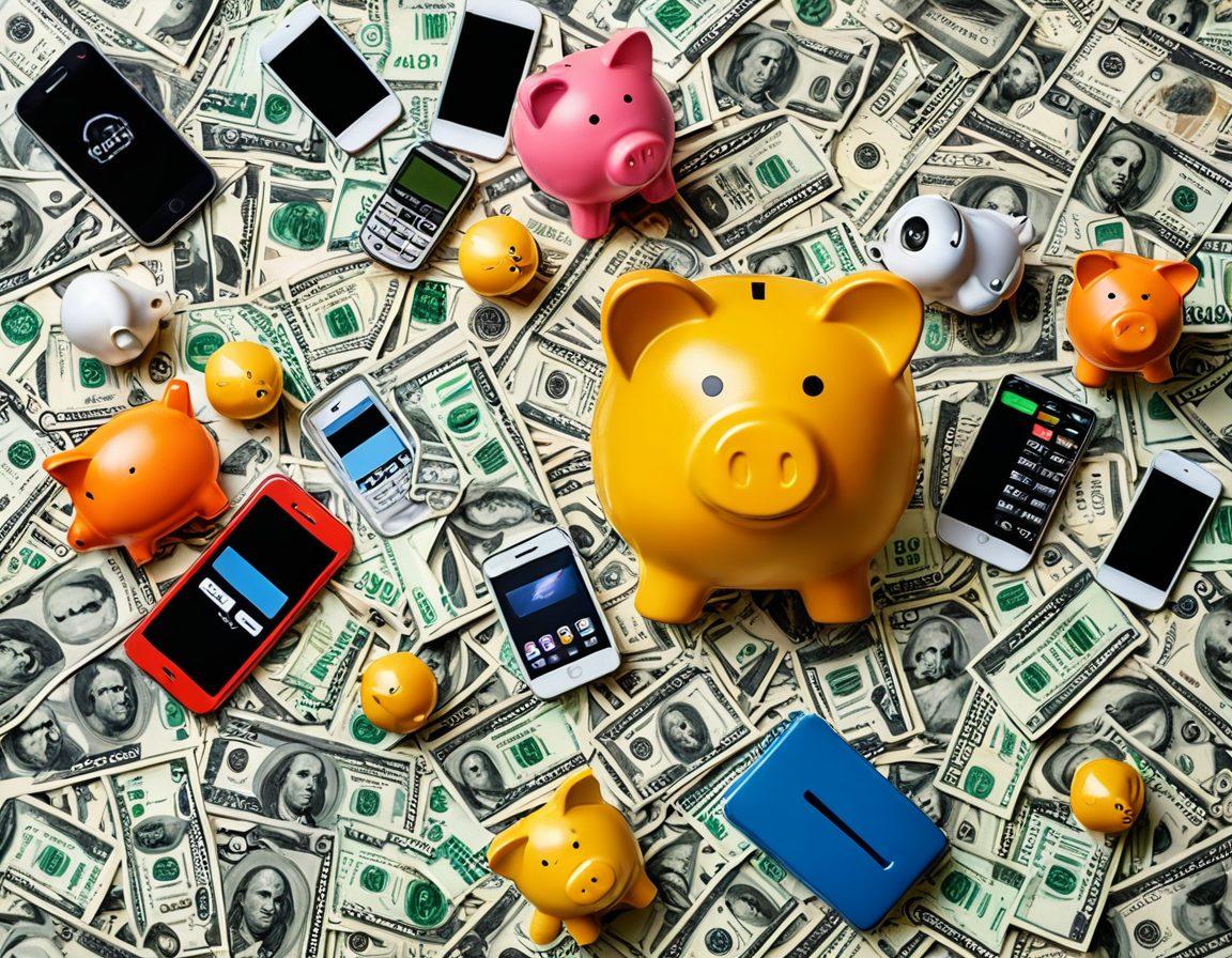 A vibrant collage of various Tracfone devices and accessories showcasing attractive prices and discounts, set against a backdrop of dollar bills and piggy banks symbolizing savings. Include icons representing communication services like texting and calling, with a bright sun shining in the background to evoke a sense of opportunity. super-realistic. vibrant colors. white background.